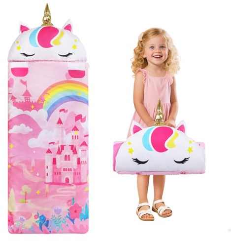 decalsweet Schlafsack Kinder, Faltbare Kinderschlafsack 150×60cm | Doppelter Reißverschluss,Schlafsack Kuscheltier,mit Kissen Abnehmbar,Weich Warm,für Outdoor Indoor Camping,für Mädchen Jungen