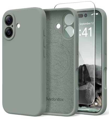 SuydanBox Magnetische Hülle für iPhone 16, kompatibel mit MagSafe, [Vollständiger Kameraschutz + Displayschutzfolie] Stoßfeste Silikon-Schutzhülle für iPhone 16 6,1 Zoll, Calke Grün