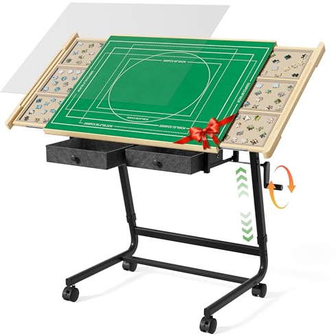 CODACE Puzzle Table with Drawers - 1500 Pieces Jigsaw Puzzles Table for Adults, Hand-Cranked Height-Adjustable Puzzle Tables with Leg, Tilting Puzzle Board with 6 Tray and Cover, Present for Puzzlers