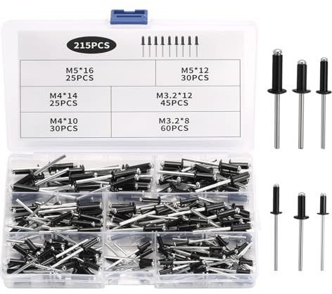 215 Stück Alu Nieten Popnieten Set, Aluminium Blindnieten Set, Pop-Nieten mit Großem Flansch, Alu Blindnieten Schwarz für Blindnietzangen Metall Möbel Marine(3,2/4/5 mm) x (8/10/12/14/16 mm)