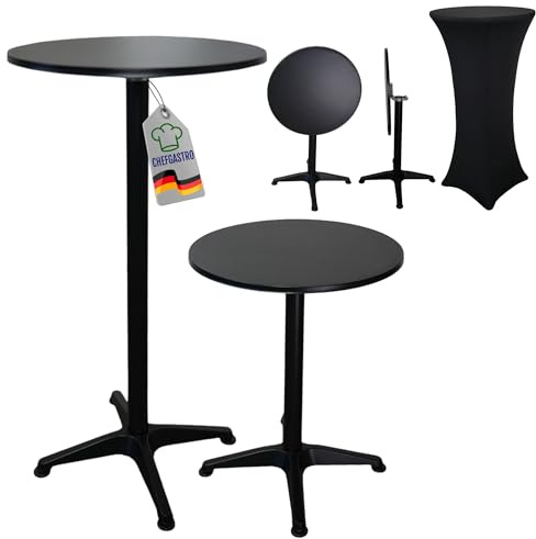CHEFGASTRO Stehtisch höhenverstellbar mit Husse klappbar Rund HxØ 75-115x60cm Bistrotisch In- & Outdoor Aluminium MDF-Platte mit Edelstahlbeschichtung Schwarz Gastro wetterfest Klapptisch Gartentisch