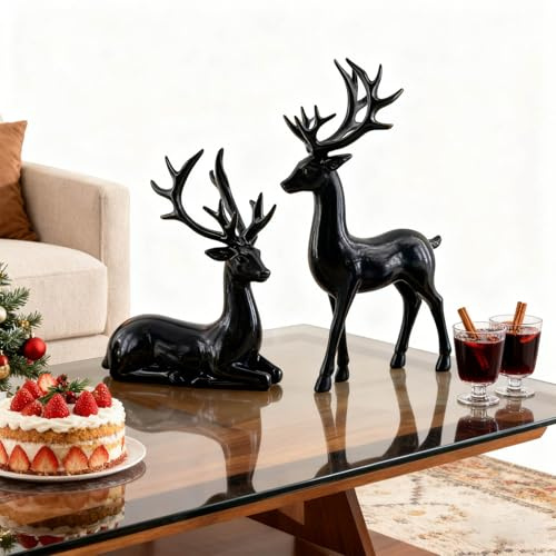 Weihnachts-Rentier-Figuren, Set mit 2 Hirschstatuen für Zuhause, Tischdekoration, nordischer Stil, Weihnachtsdekorationen für Wohnzimmer, Büro (Schwarz a)