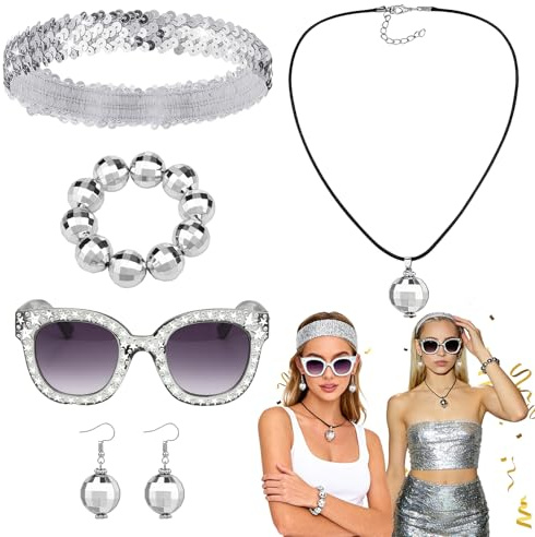 5 Stück 70er Jahre Disco Outfit Zubehör, 70er Jahre Outfit Damen Retro Accessories mit Strass Sonnenbrille Armband Discokugel Ohrringe Pailletten Haarreif Halskette für Vintage-Party Fasching Kostüm