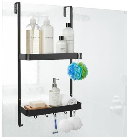 Avilia Porta Shampoo Doccia da Appendere Senza Forare, Mensola Doccia Senza Foratura - Portasapone e Porta Sapone Doccia con 2 Ripiani, 6 Ganci, Drenaggio Antiristagno in Acciaio Antiruggine