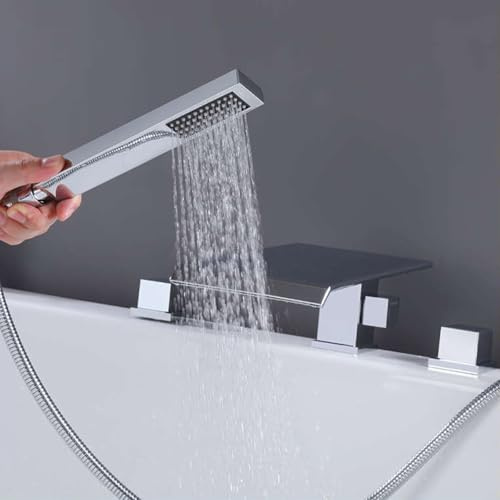 XDSMB Wasserfall Badewannenhahn mit Handbrause 2 Knöpfe Dusch Armaturen Set 4 Loch Wannenrandarmatur,verchromt