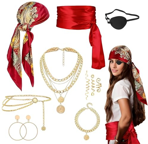 Piratenkostüm Damen Zubehör 10-Teilig – Piratin Kostüm Damen Accessoires Set Mit Kopftuch, Augenklappe, Halsketten, Gürtelkette & Ohrringen, Pirate Accessories Für Karneval, Fasching, Halloween