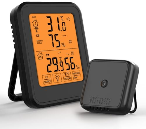 ZYNCUE Thermometer Hygrometer Funk mit Touch Funktion, Große Digitalanzeige und Wetteruhr für Innen Außen Weiß/Schwarz