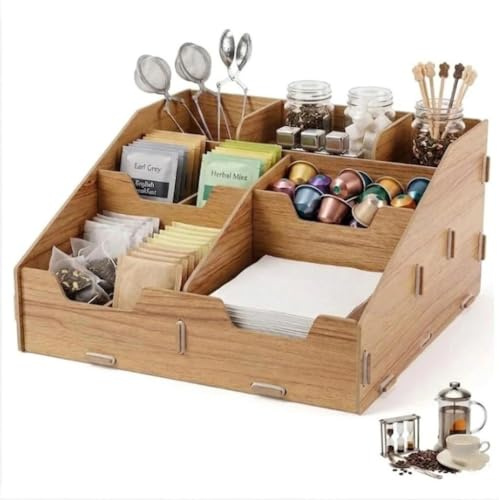porta bicchierini caffe,cassetto porta cialde caffè,porta capsule,in legno | con 7 scomparti,organizer multifunzione con ripiani rimovibili,per angolo bar per casa,uffici e caffetterie
