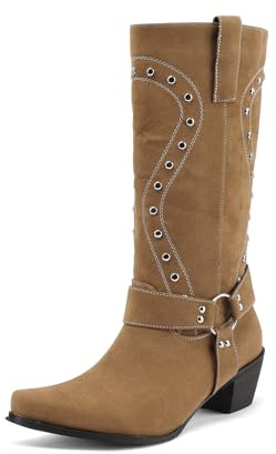 TNMIUH Stivali Western Donna a metà Polpaccio Stivali Biker con Borchie Tacco Largo Punta Quadrata Stivali da Cowboy in Camoscio con Fibbia,Beige,40 EU