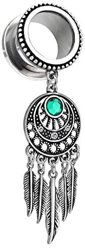 beyoutifulthings Ohr-Plug TRAUMFÄNGER ANHÄNGER KRISTALL GRÜN Ohr-Piercing Ohr-Schmuck Chirurgenstahl Tunnel Schraub-Verschluss Antik-Silber 12mm