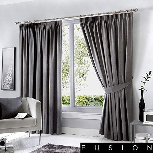 Fusion Dijon Blackout Pencil Pleat Lined Curtains, Charcoal, 66 x 54 Inch