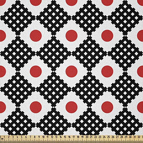ABAKUHAUS Japonés Tela por Metro, Rejilla Rayas Y Cuadrados, Microfibra Decorativa para Artes y Manualidades, 5M (230x500cm), Bermellón Negro Blanco