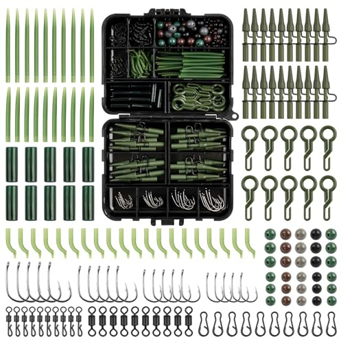 160pcs Carp Fishing Tackle Box Kit Carp Terminal Tackle Accessories Including Quick Change Swivels Carp Hooks Beads Rig Tubes Leader-Clips Anti-tangle Sleeves Baits Carp Fishing