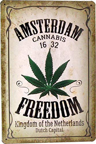 Blechschild 20x30 Amsterdam Freedom mit Marihuana Blatt im Retro Vintage Nostalgie Design Cannabis Gras Hanf Weed Smoke