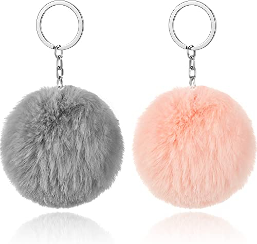 Hicarer 2 Pièces Porte-Clés de Pompons Porte-Clés de Faux Pompons Moelleux Ornement de Porte-Clés Doux en Peluche Accessoire de Pendentif pour Filles Femmes (Rose, Gris)
