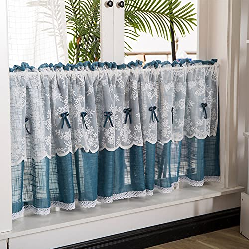 Ricemru Petrol Scheibengardine Leinenoptik Landhaus 50 Hoch mit Spitze Kurzstore Küchenvorhänge Fenster Bistrogardine Halbtransparent Küche Kurz Halbe Gardinen Wohnzimmer,90x50