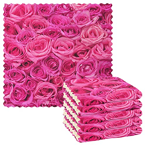 Mnsruu Küchentücher, Geschirrtücher, Geschirrtuch, schnell trocknend, superweich, 28 x 28 cm, Rosa mit Rosenmotiv, 6 Stück