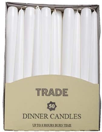Trade Tapered Dinner Candles- 50 Unscented Tapered Candles -Dripless Long Candles with Long Lasting Burn Time- (White)