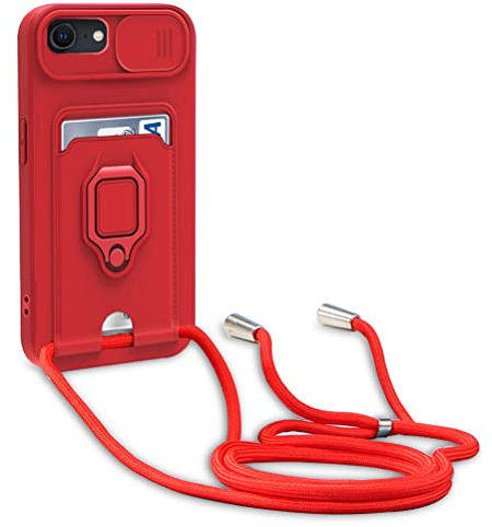yanasuo Camera Protection Lanyard Phone Case for iPhone 6/6S/7/8/SE 2020, Card Holder, Slide Camera Cover, Silicone Cord Strap rope Shell TPU Shockproof Bumper Cover-Red