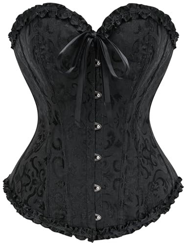SZIVYSHI Women's Overbust Sweetheart Lace Up Plastic Bones Corset Bustier Top (Black, XS)