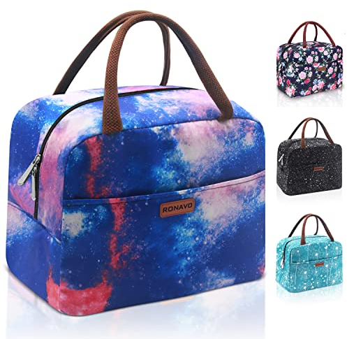 RONAVO Bolsa de almuerzo para el trabajo – Cajas de almuerzo suave para mujer – Refrigerador isotérmico – Gran enfriador de almuerzo (morado estrellado)