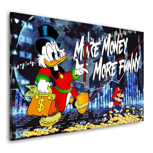 Kunstgestalten24 | Dagobert Aktienkurs Pop Art Leinwandbild mit Mario – More Money More Funny – mit hochwertigem Echtholz-Keilrahmen – Börse & Comic Street Art | 120x80cm, 4cm Rahmentiefe