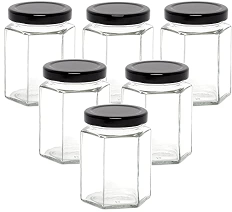Offer Shop Jam Jars with Lids - 8 Set of Hexagonal Jar's of Quality Glass | Ideal Storage Glass Jars for Jam Spice or Sweets | 190ml Black Lids