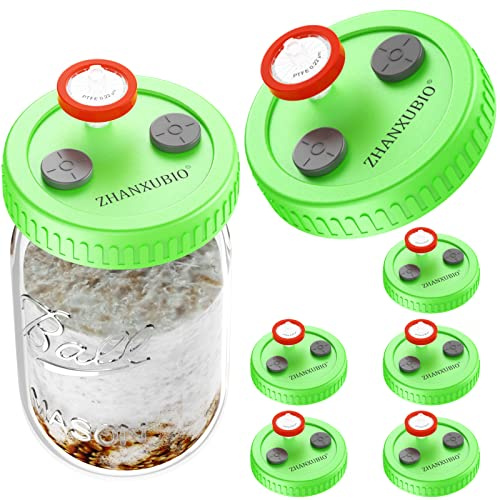 ZHANXUBIO-Pilzzuchtdeckel mit breiter Öffnung, PTFE-Membranfilter und selbstheilenden Injektionsöffnungen (6 Stück, grün, ohne Flasche)
