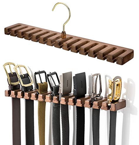 Wooden Belt Rack for Closet Wall Mount, Sturdy Belt Hanger Organizer Holds 14 Belts, Space Saving Belt Holder for Closet Door Wall, Walnut