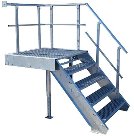Podesttreppe / 4 Stufen + Podest Stahltreppe mit Geländer rechts/Stufenbreite 100cm / Geschosshöhe 70-105cm