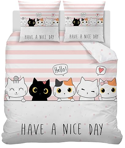 Linfye Kinder Bettwäsche, Rosa Katze Bettbezug 140x200 cm + 2 Kissenbezug 65x65cm 3D Wende Bettwäsche mit Reißverschluss Weich Microfaser Bettdeckenbezug