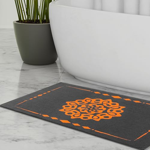 ELEVAVIDA Badematte grau 60x100 cm aus 100% Baumwolle - 1000 g/m2 - Badvorleger mit Mandala anthrazit orange - Badteppich weich, saugfähig, maschinenwaschbar - Duschmatte Frottee Duschvorleger