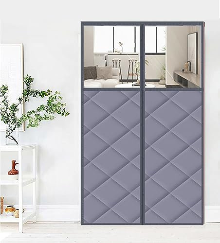 Cozomiz Isolant Thermique Isolation Porte Avec Magnétique Rideau De Porte Isolant Coton Rideau d'occultation Coupe-vent Imperméable Isolation Phonique 95x210cm Gris avec Fenêtre Style 2