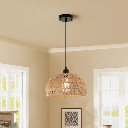JIINOO Lampe en rotin vintage, suspension rustique E27, abat-jour panier en rotin, pour cuisine, salle à manger, cave, suspension de plafond de chambre à coucher