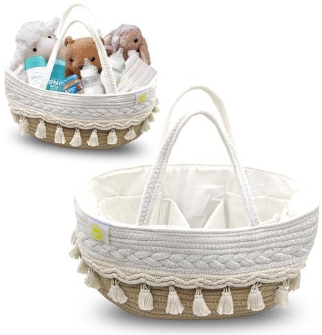 BabyMoose Nappy Caddy Organiser – Large Cotton Rope Baby Storage Basket with 2 Dividers – Boho Baby Basket for Nursery Decor