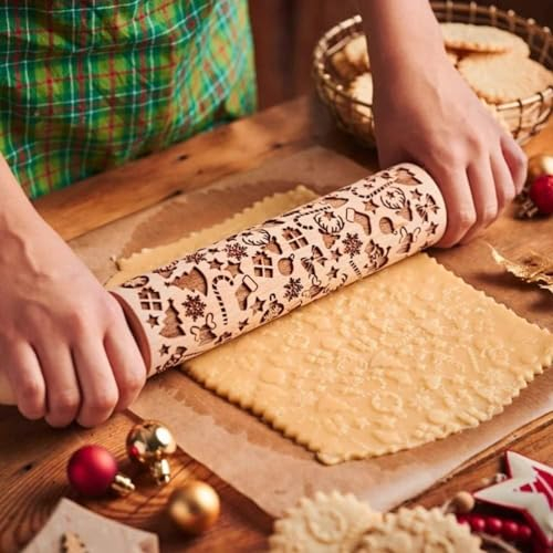 Yezelend Präge-Teigrolle aus Holz, geprägt, mit weihnachtlichen Schneeflocken und Hirsch-Muster, Geschenkidee für die Küche, zum Backen von Gebäck, Kuchen, Keksen, Fondant, Gebäck, Kekse
