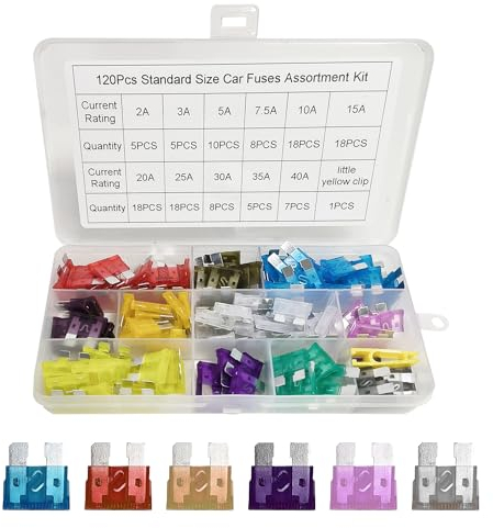 Lot de 120 fusibles de voiture - Kit de fusibles à puce standard de voiture - Extracteur de fusible de voiture (2 A 3 A 5 A 7,5 A 10 A 15 A 20 A 25 A 30 A 35 A 40 A)