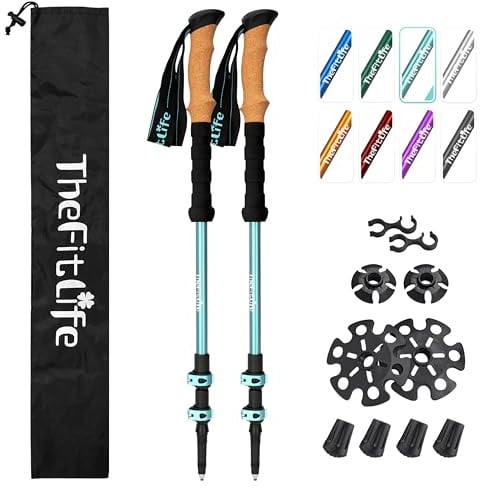 TheFitLife Durable 7075 Aluminum Trekking Poles, Walking Sticks For Hiking | Collapsible, Lightweight with Cork Grips, Telescopic Design, Metal Flip Lock. For Women, Men on All Season Daily Use, Camping