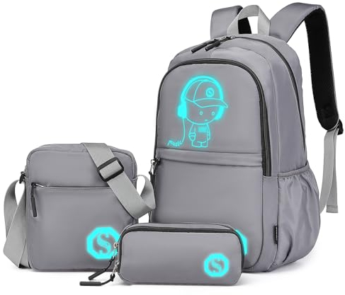 Kono Sac à Dos Scolaire Lumineux Ensemble 3 en 1, Sac d'École pour Garçons Anime avec Sac Bandoulière et Trousse, Sac à Dos pour Ordinateur Portable 15,6 Pouces Étudiants Adolescents Filles (Gris)