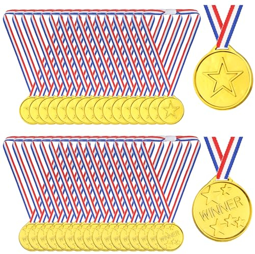 PLULON 60 Stück Goldmedaillen für Kinder, Kunststoff-Gewinnermedaillen, Auszeichnung, Goldmedaille für Kinder mit Halsbändern für Schulsporttag-Party-Wettbewerbe (Gold)