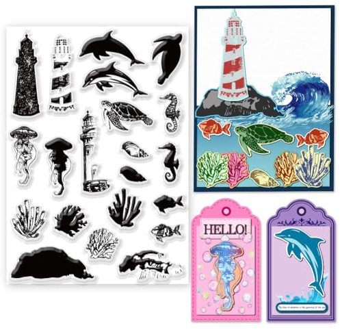 INFUNLY Transparente Stempel Mit Meeresmotiv, 11.7x8.3 A4-Größe, Meerestier-Gummistempel, Ozeanelement, Silikonsiegel, Hippocampus, Seetang, Qualle, Leuchtturm, Transparente Stempel Für DIY-Scrapbook