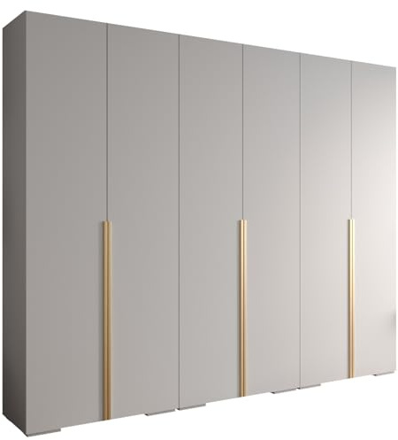 MEBLE KRYSPOL Inova 1 Moderner Schrank mit Regalen und Stange - Aufbewahrungsschrank für Schlafzimmer, Wohnzimmer - 236,7x300x47 cm - KGoldpusfarbe Weiß - Frontfarbe Weiß - Grifffarbe Gold