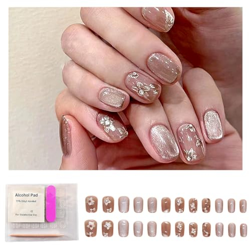 FineInno Flower Press on Nails Kurz Vollständige Abdeckung Falsche Nägel Set Rosa Ballerina False Nails mit Strass 24 Stück Acryl Nägel mit Klebepads für Frauen & Mädchen