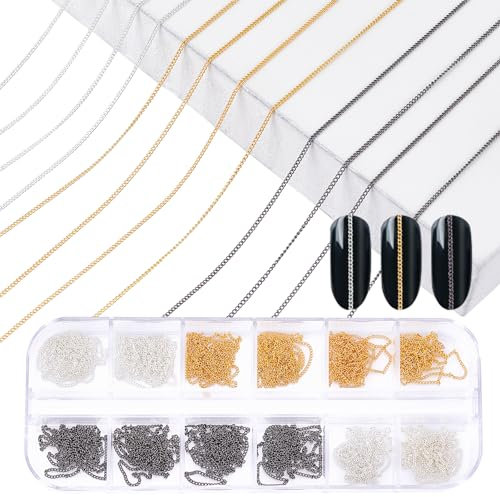 NICENEEDED 18 Strips Metal Nail Art Chains, Nail Jewelry Chains, Alloy Nail Chains Punk Nail Charms Nail Ornaments Nail Jewels Nail Art Studs for Nail Decoration