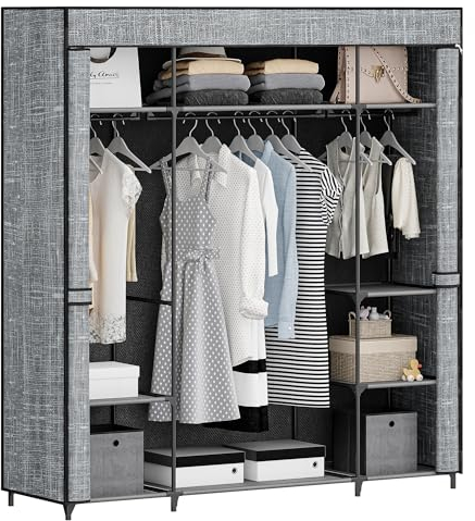 Hzuaneri Kleiderschrank, Stoffschrank, tragbarer Kleiderschrank für das Schlafzimmer, 3 Kleiderstangen mit Vliesstoffabdeckung, 9 Fächer, 162 x 44 x 176cm, grau WO0203GC
