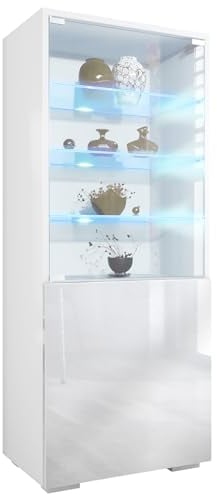 Vladon Vitrine Granada, Made in Germany, Vitrinenschrank mit Glastür und Glaseinsatz inkl. LED, Weiß matt/Weiß Hochglanz (50 x 122,5 x 34,5 cm)