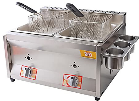 LAMEDOAT Freidora de Gas Doble Comercial de 10L+10L, freidora de Gas LPG freidora de encimera de Acero Inoxidable, para Papas Fritas, Restaurante, Cocina casera