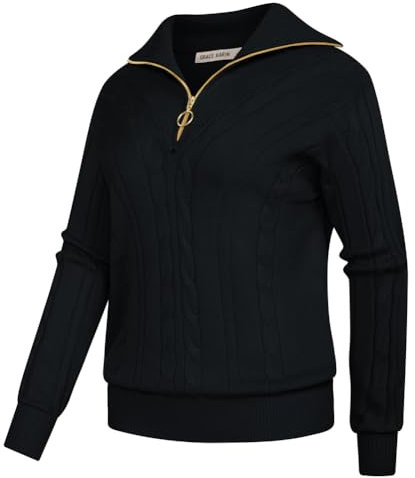 GRACE KARIN Damen-Pullover mit Reißverschluss Reverskragen Verdrehte Blumen Herbst-Winter-Pullover Schwarz S