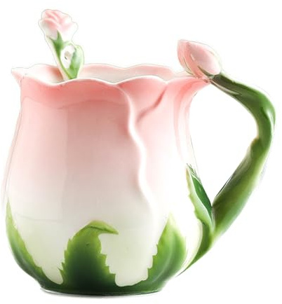 Koomuao 3D Blumen Tassen,Kaffeetassen Set mit Löffeln,Tee Becher Keramik 325ml,Geschenkbecher für Brautpaar Frauen Paar Weihnachten Geburtstag Valentinstag (Rosa)