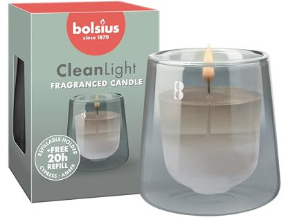 Bolsius - CleanLight Starter-Set – Nachfüllbare Duftkerze – Ständer & 1 Nachfüllpack – Grau – Cypress & Amber – Brenndauer von 20 Stunden – natürliche Extrakte & veganes Wachs